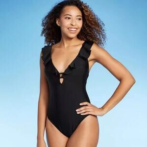 Shade & Shore Size XL Ruffle Plunge One Piece Swimsuit Black